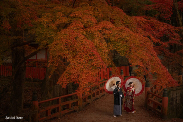 真っ赤な紅葉と新郎新婦