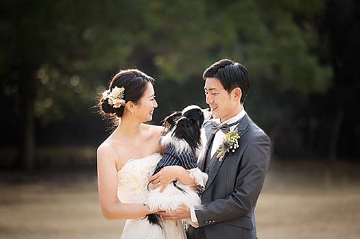 犬と一緒の結婚式写真