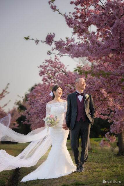 奈良　河津桜　ウェディングドレス　ロケーションフォト
