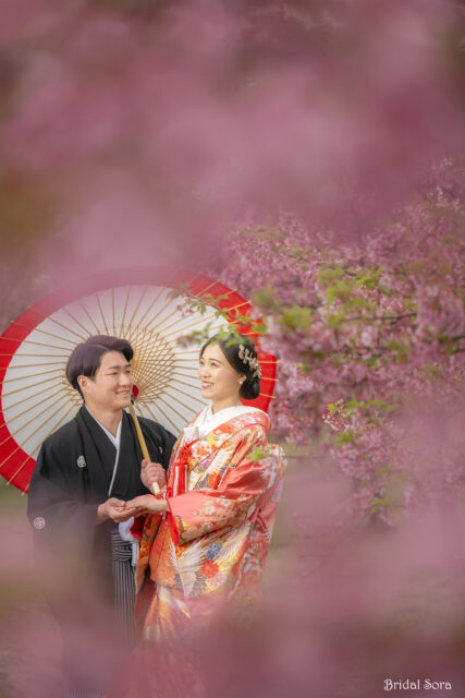 奈良　色打掛　河津桜　結婚式写真