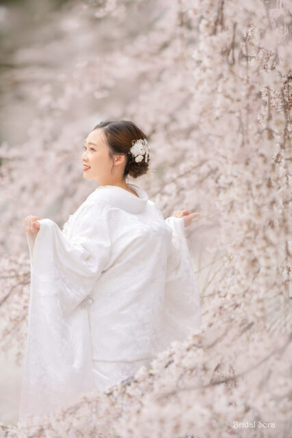 奈良　白無垢　枝垂れ桜ロケーション撮影